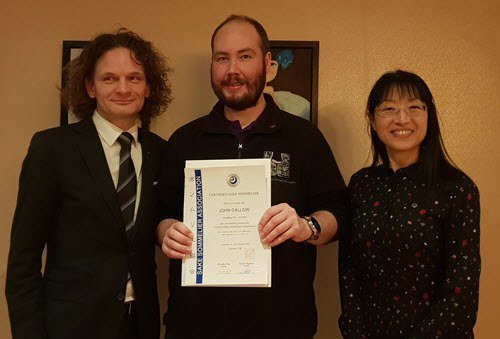 John Callow Presented with Sake Certificate by Kumiko Ohta and Xavier Chapelou