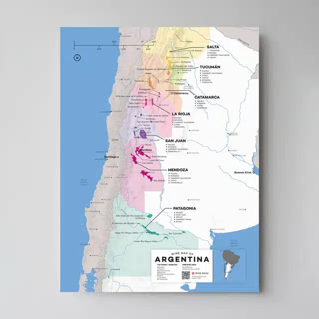 Map of Argentina's wine regions with clear labels and color-coded areas.