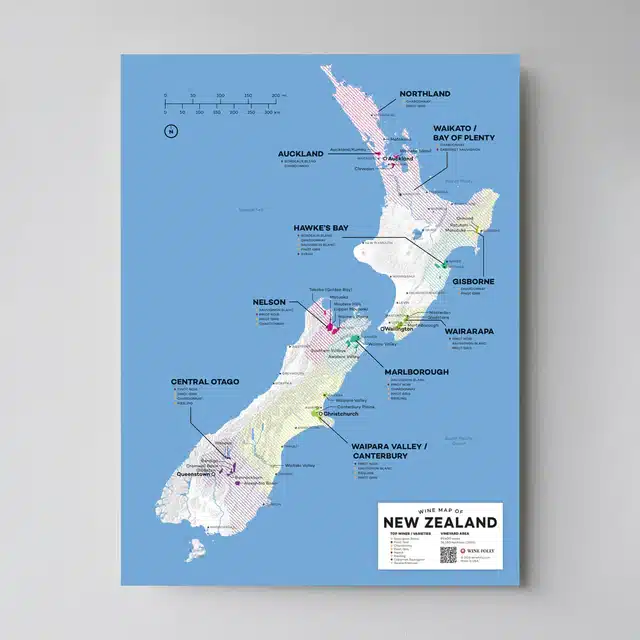 Wine map of New Zealand displayed on a wall.