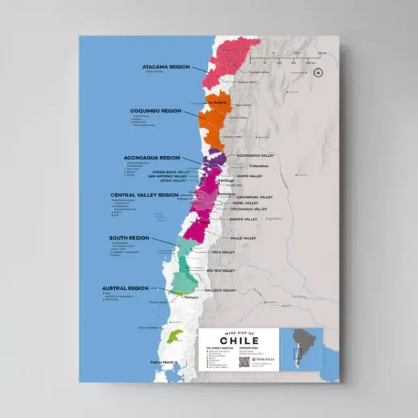 Wine map of Chile displayed on a wall.