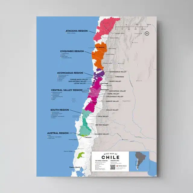 Wine map of Chile displayed on a wall.