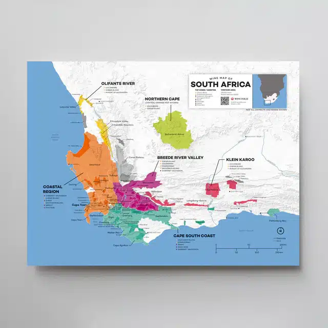 Wine map of South Africa highlighting key wine regions.