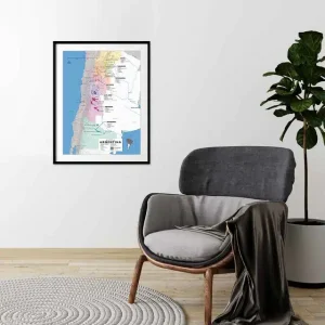 Framed map of Argentina's wine regions on a white wall above a grey armchair in a modern room.