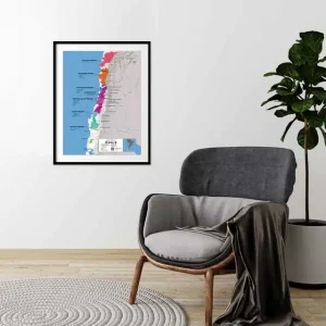 Framed Chile wine region map above a grey armchair in a minimalist room.