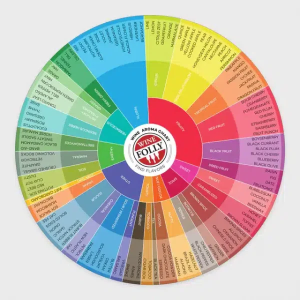 Wine aroma wheel with various categories of wine aromas and flavours.