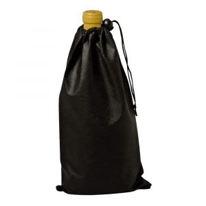 Wine bottle in a black drawstring bag for blind tasting.