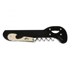 Black boomerang corkscrew with a foil cutter and a double-hinged lever, isolated on a white background.