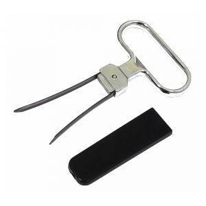 "Ah-So wine opener with metal handle and two prongs, and a black sheath.