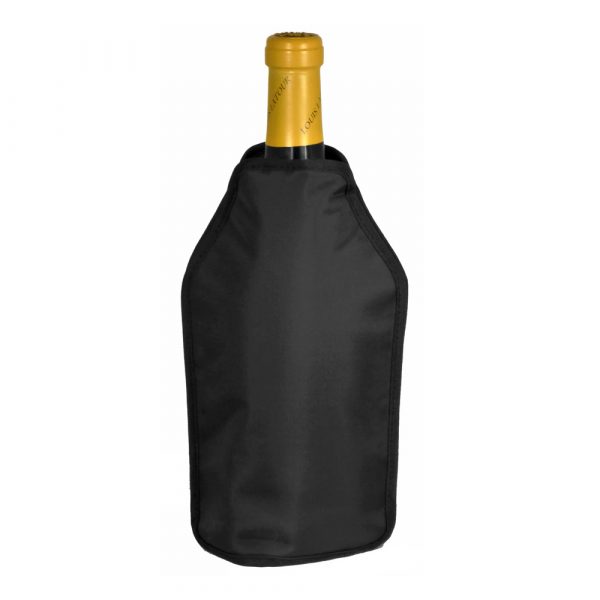 A wine bottle inside a black elastic wine cooler sleeve/jacket.