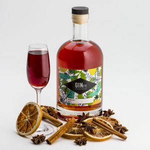 A bottle of gin labelled "GIN etc." next to a glass of red drink, surrounded by dried citrus slices, cinnamon sticks, and star anise