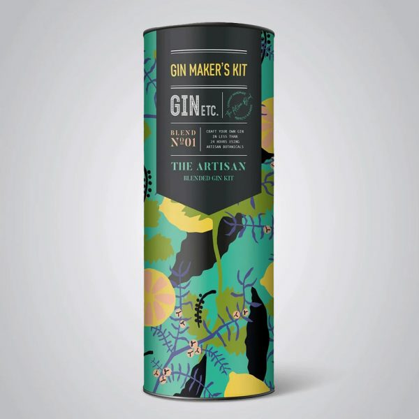 Colourful Artisan gin kit in a cylindrical container, featuring artisan botanicals.