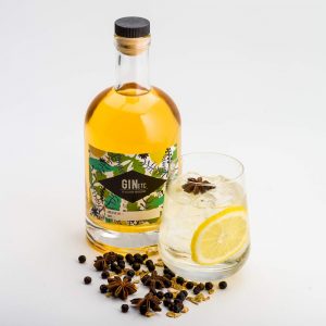 Bottle of gin with a glass garnished with lemon and spices on a white background.