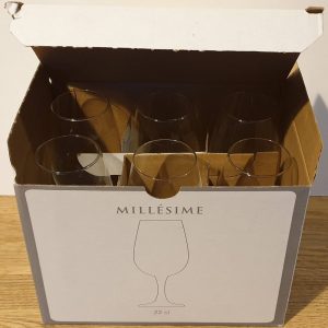 Open box of 'Millésime' wine glasses, neatly packed and ready for use.