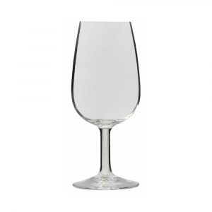 Single transparent wine glass with a clean and simple design, isolated on a white background.