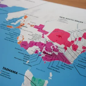 Close-up view of a wine region map of Australia.