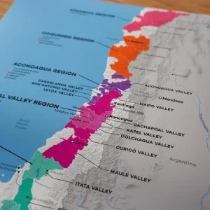 Close-up of a Chile wine region map focusing on Aconcagua and Central Valley regions.