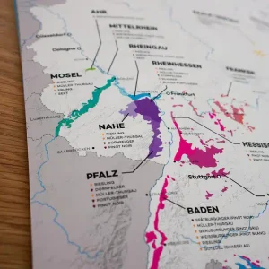 Close-up of a map highlighting wine regions in Germany.