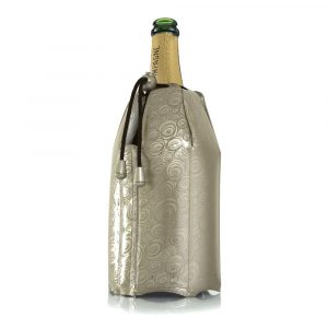 A champagne bottle inside a silver VacuVin 'Rapid Ice' Champagne & Sparkling Wine Cooler Sleeve/Jacket.