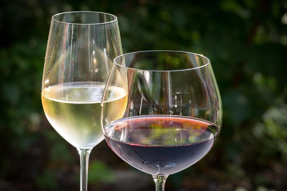 Close-up of two wine glasses, one filled with white wine and the other with red wine, set against a blurred green outdoor background.