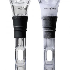 Two ChillCore 3-in-1 wine bottle chiller, stopper and pourer, one frosted and one clear.