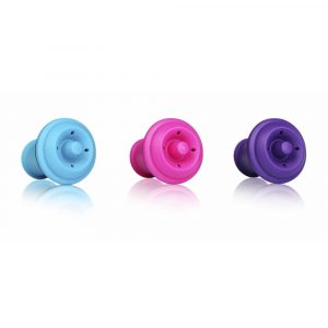 Three colourful silicone wine stoppers in blue, pink, and purple.