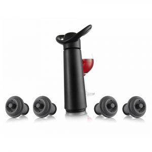 A wine preservation set with a vacuum pump and four rubber stoppers.