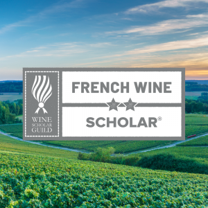 French Vineyard background with a grey and white title box saying " Wine Scholar Guild. French Wine Scholar".