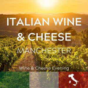 Italian cheese and wine tasting banner overlaid a picture of an Italian vineyard. An image of the Italian peninsula appears in the bottom right corner.