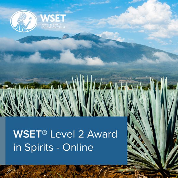 A fields of plants with a mountain in the background with a blue title box in the bottom left corner saying "WSET Level 2 Award in Spirits - Online".