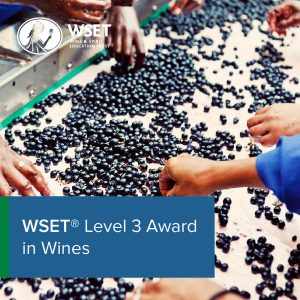 A conveyer belt of berries and people picking them off in the background with a blue title box in the bottom left corner saying "WSET Level 3 Award in Wines".