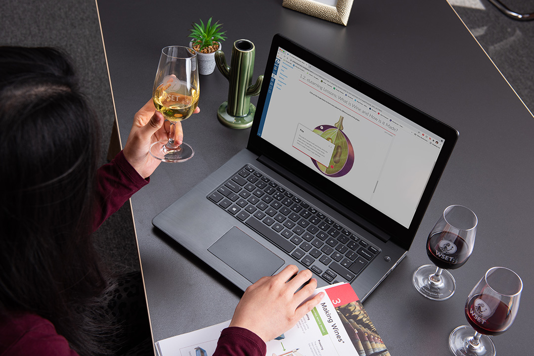 A women sitting at a desk completing an eLearning lesson with three different glasses of wines