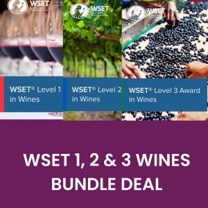 WSET Level 1, 2, and 3 Wines Bundle Deal with images of wine glasses, vineyard, and grape sorting.