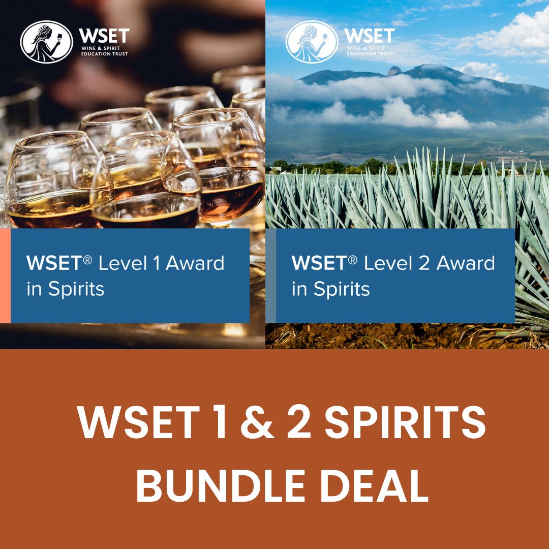 WSET Level 1 and 2 Spirits Bundle Deal featuring images of spirits glasses and agave plants.