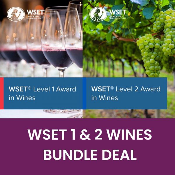 WSET Level 1 and 2 Wines Bundle Deal featuring images of wine glasses and a vineyard.