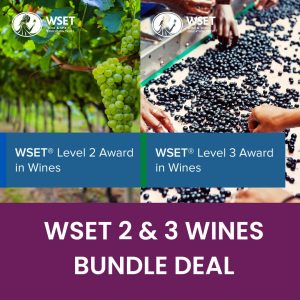 WSET Level 2 and 3 Wines Bundle Deal with vineyard and grape sorting images.