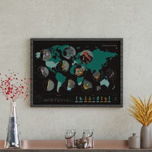 Scratch off world wine map displayed on a wall.